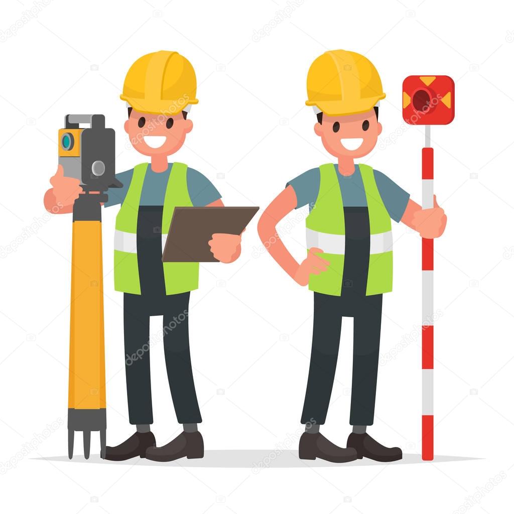 Surveyor and his assistant to work with the equipment