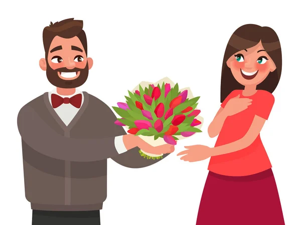 O homem dá a uma mulher um ramo de flores. Congratulações com um álcool — Vetor de Stock