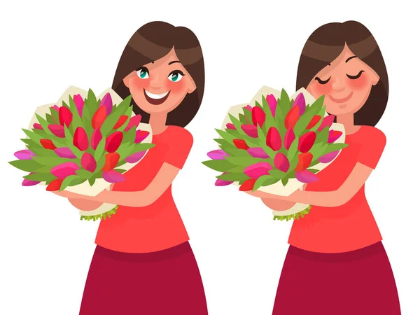 Vrouw met een boeket bloemen en inhaleren zijn aroma. Vector — Stockvector