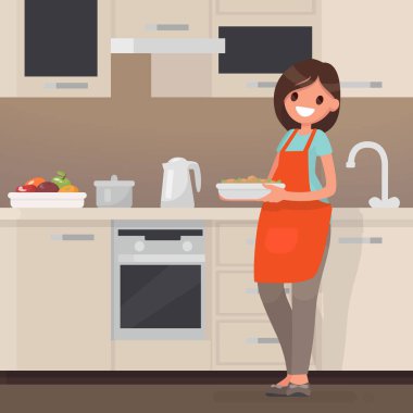 Kadın ev kadını mutfakta yiyecek hazırlama. Vektör illustrati