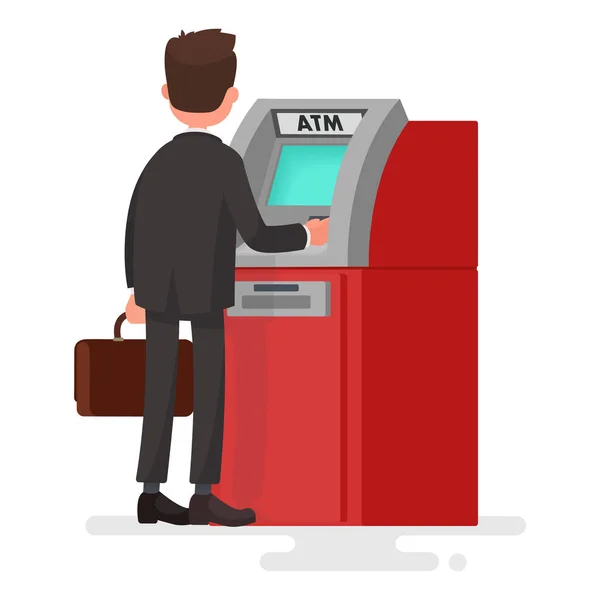 El hombre retira dinero de un cajero automático. Ilustración vectorial en un plano s — Vector de stock