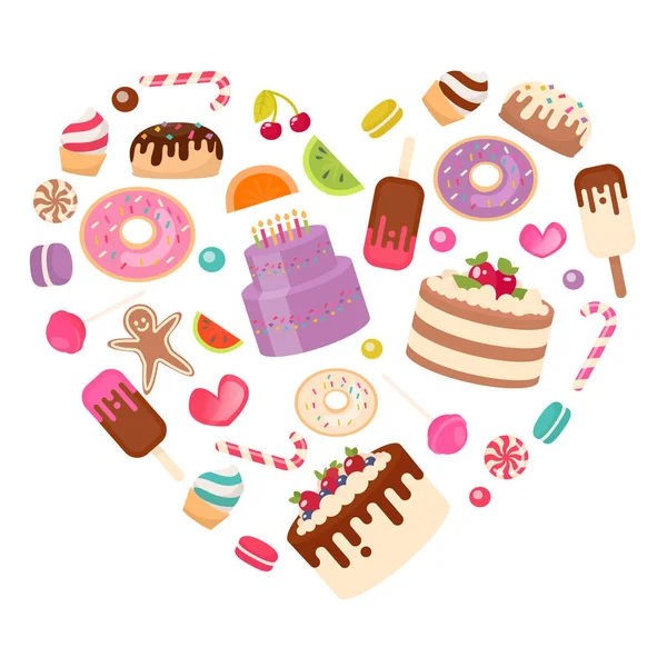 Słodycze: cukierki, ciastka, lody, ciasto, ułożone w kształcie — Wektor stockowy
