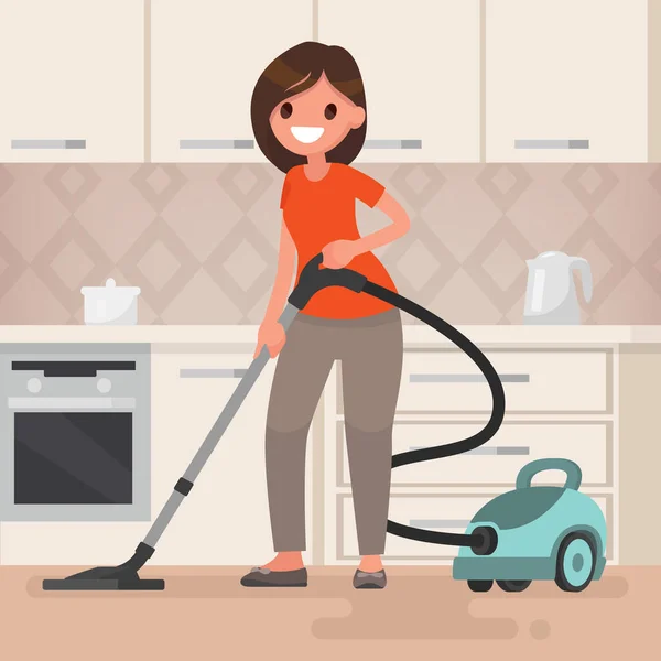 Une femme au foyer passe l'aspirateur. Illustration vectorielle dans une fla — Image vectorielle