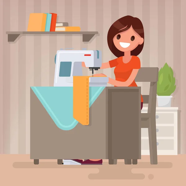 Mujer ama de casa cose en la máquina de coser. Ilustración vectorial — Vector de stock