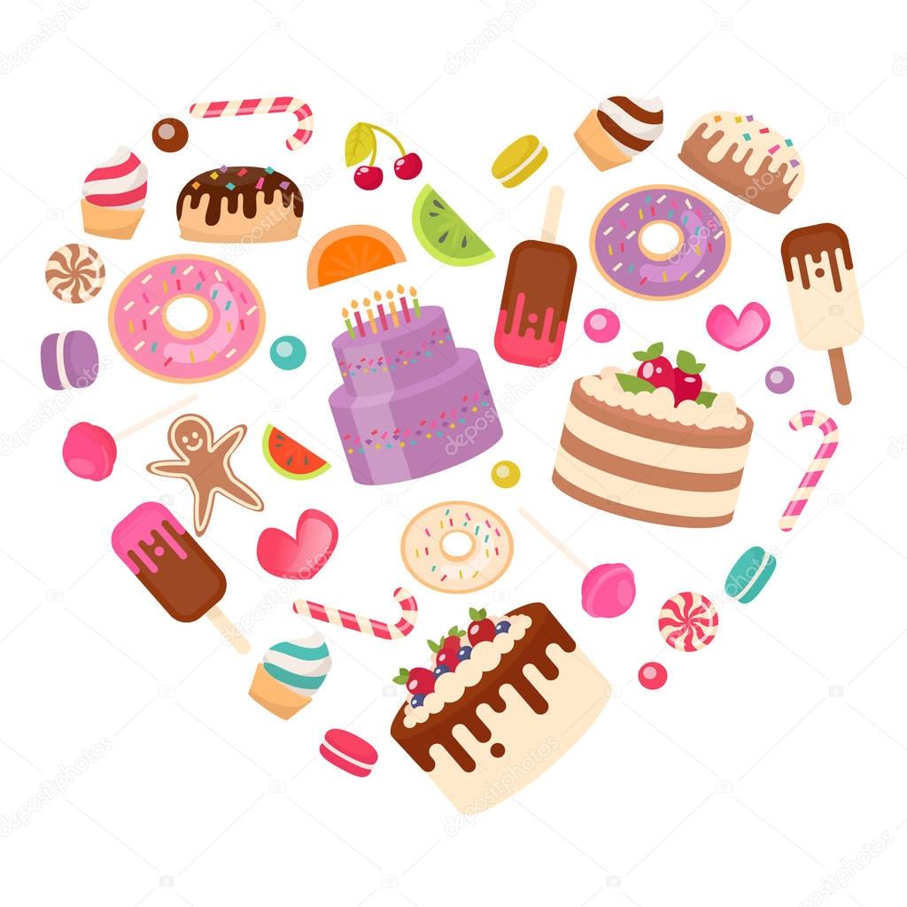 Sweets: candy cakes, ice cream, Cake laid out in the shape of a heart. Vector illustration in a flat style
