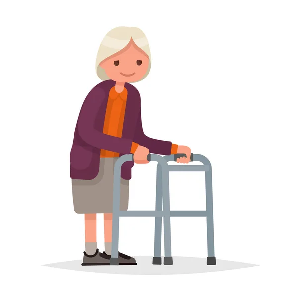 Nonna che cammina con un deambulatore. Illustrazione vettoriale in un appartamento — Vettoriale Stock