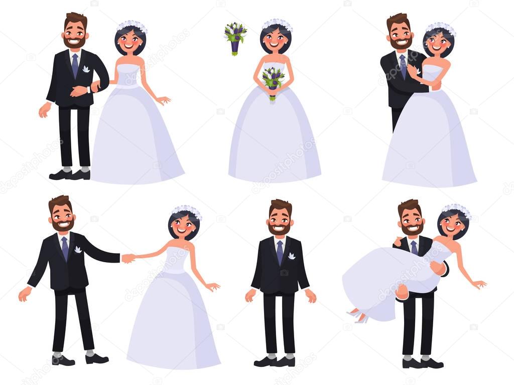 Vettoriale stockSet di personaggi sposa e Sposi che ballano