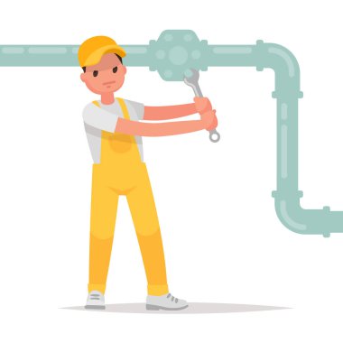 Adam bir kaçık bir anahtar ile katlanmış. Tesisatçı iş başında. Vektör illustra