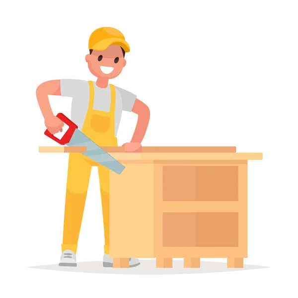 Carpenter makes a product from a tree. Man in work clothes saws — Stock Vector
