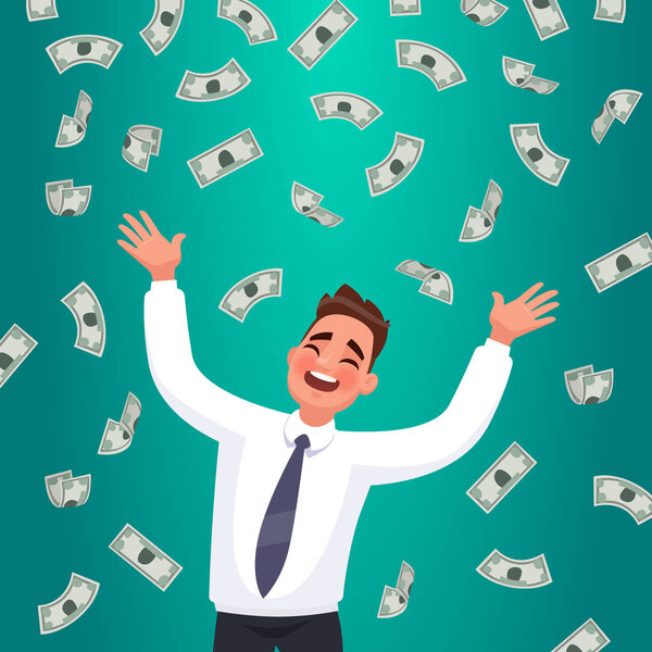 Счастливый бизнесмен ловит падающие с неба деньги. Концепция
