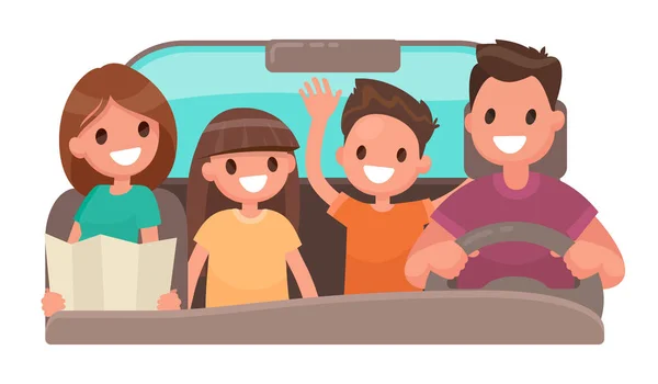 Familia feliz en el coche. Feliz viaje. Ilustración vectorial en un — Vector de stock