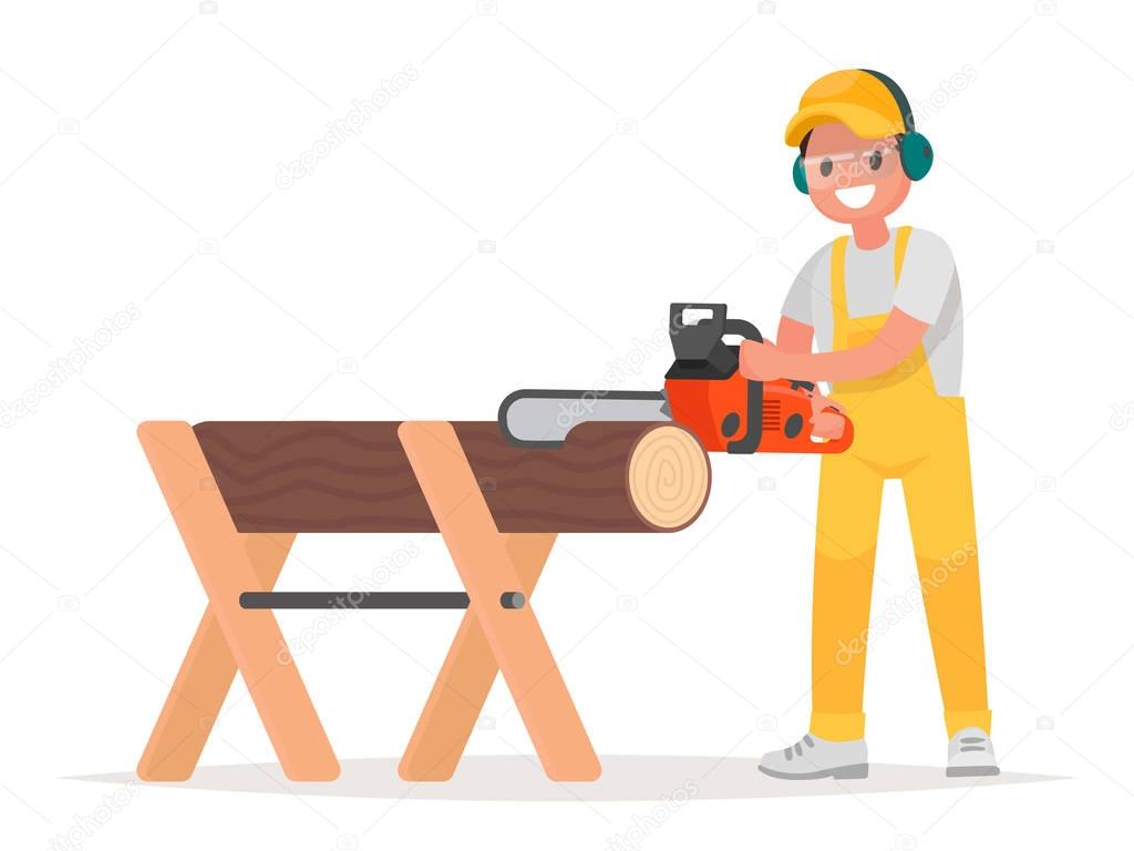 Man dressed in working clothes is sawing a tree with a chainsaw.