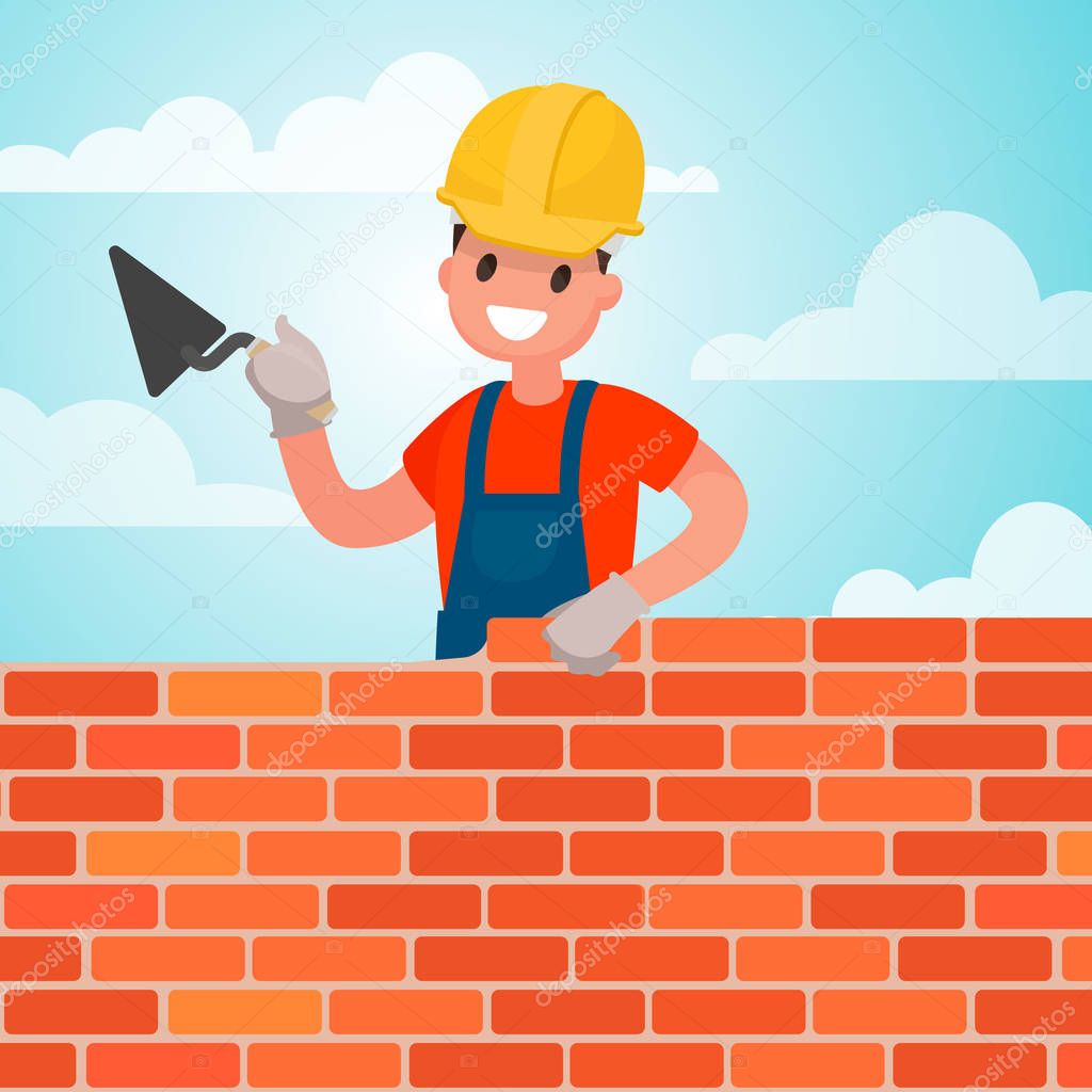 Worker builds a wall, brickwork. Work of the builder. Vector ill