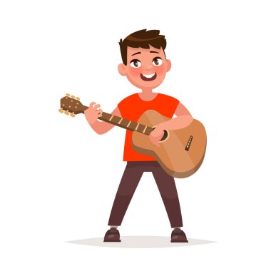 Çocuk gitar çalıyor. Müzikal performans. Vektör illustrat
