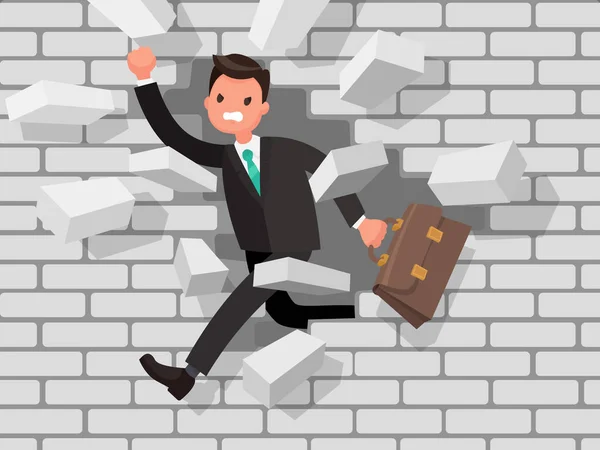 L'homme brise un mur. Le concept de surmonter les obstacles en b — Image vectorielle