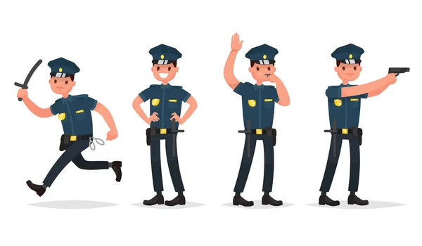 Set di poliziotti in pose diverse. Illustrazione vettoriale in un foglio — Vettoriale Stock