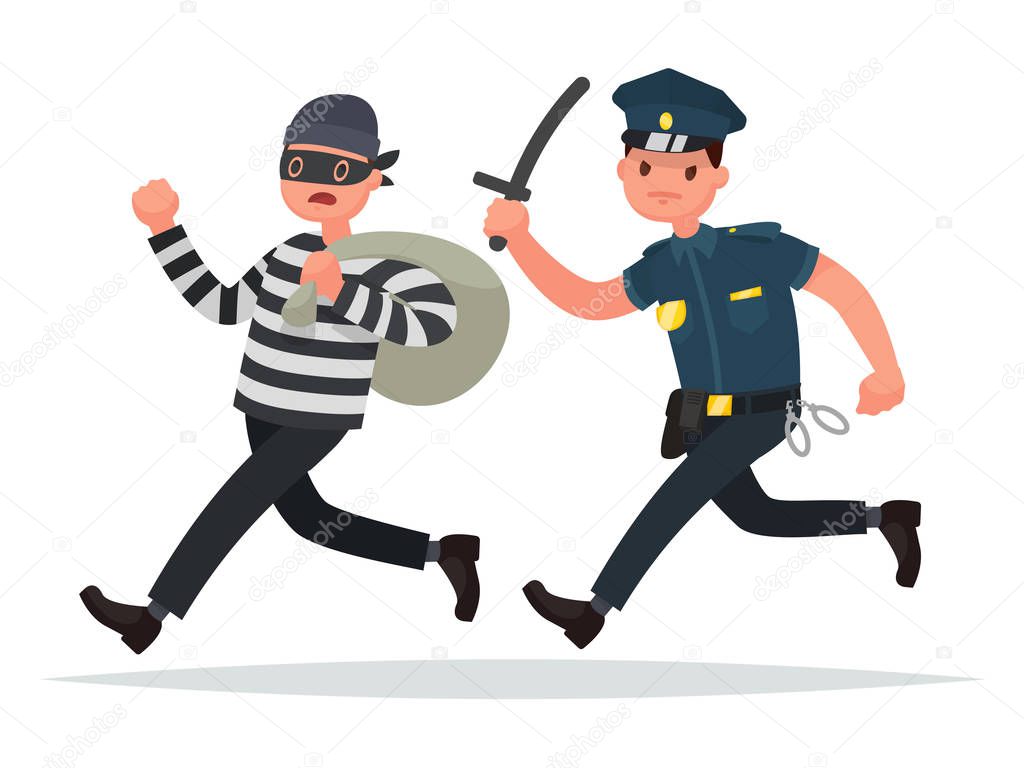 Policeman chasing a thief. The concept of combating crime. Vecto