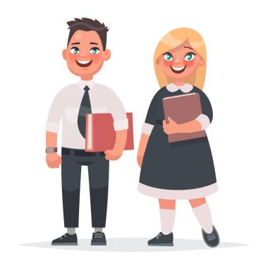 İlköğretim okulu öğrencileri birkaç. Bir erkek ve bir kız giyinmiş 