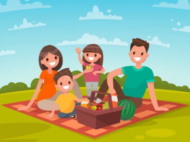 Mutlu aile piknik üzerinde. Baba, anne, oğlu ve kızı dinlenme