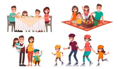 Aile Eğlence kümesi. Evde yemek, doğada piknik, yürümek 