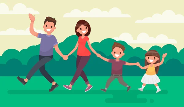 Leuk familie wandelen in het park. Rusten op de natuur. Vector illustrat — Stockvector