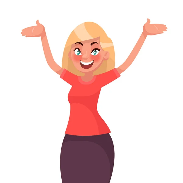 Mujer feliz sobre un fondo blanco. Ilustración vectorial en cartoo — Vector de stock