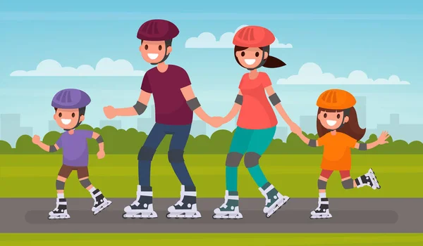 在滚子上快乐家庭滑冰滑冰在公园里。矢量这 — 图库矢量图片