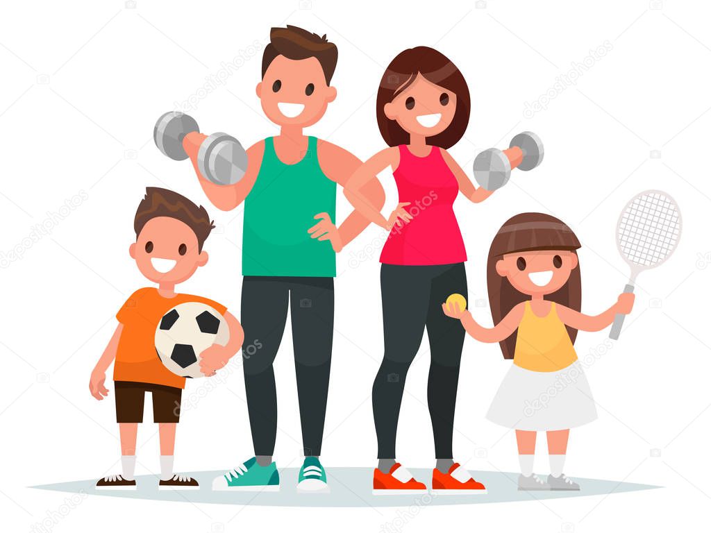 Sport family. Dad, mother, son and daughter lead a healthy lifes