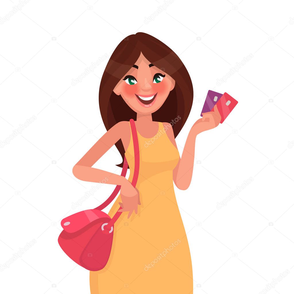 Beautiful woman holding a credit card in her hand. Shopping. Vec