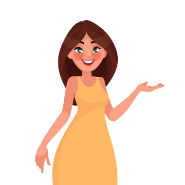 Güzel kız beyaz zemin üzerinde bir şeyi gösterir. Elemen