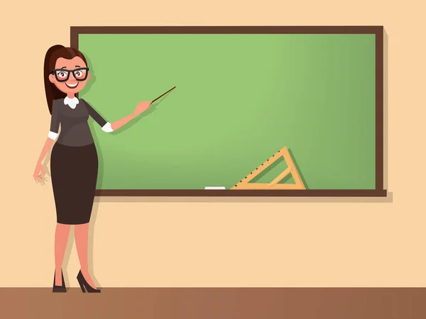 Young woman teacher stands at a blackboard with a pointer. Templ — Stock Vector