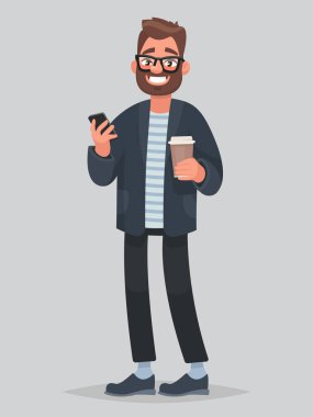 Kahve ve telefon elinde tutan yakışıklı adam. Vektör illustrat
