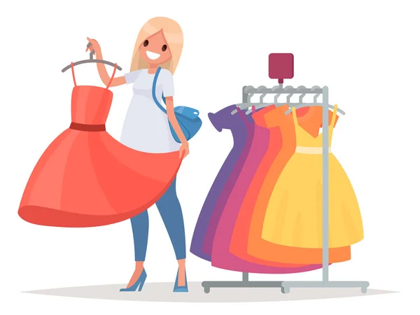 Γυναικών για ψώνια. Το κορίτσι προσπαθεί για ένα νέο φόρεμα στο κατάστημα — Διανυσματικό Αρχείο