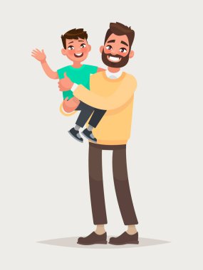 Onun kollarında neşeli bir oğluyla mutlu baba. Vektör çizim 