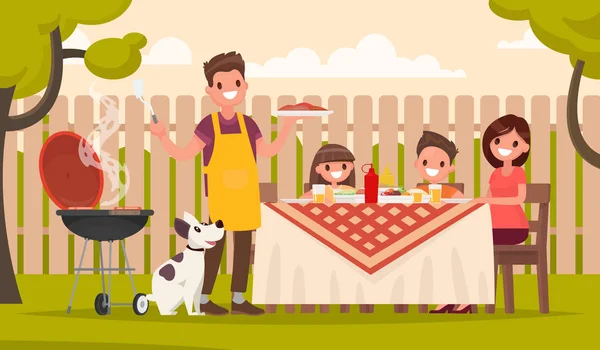 Happy family at a picnic is preparing a barbecue grill outdoors. — Stock Vector