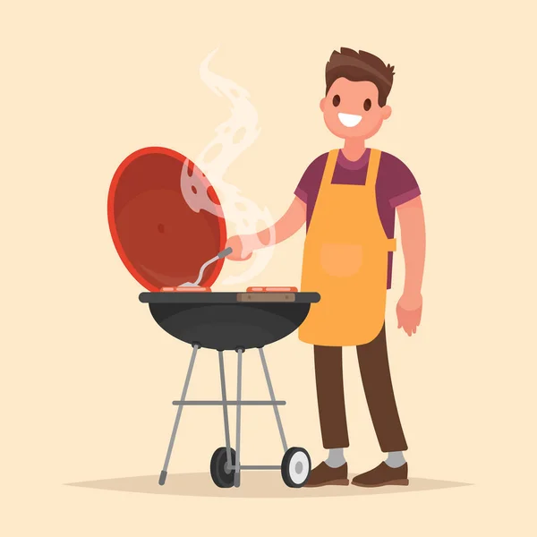 El hombre está cocinando una parrilla de barbacoa. Freír la carne y las salchichas al fuego . — Vector de stock