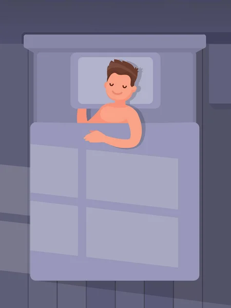 El hombre está durmiendo en la cama. Ilustración vectorial en un estilo plano — Vector de stock