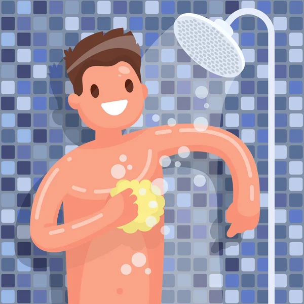 El hombre se lava en la ducha en el baño. Ilustración del vector en — Vector de stock