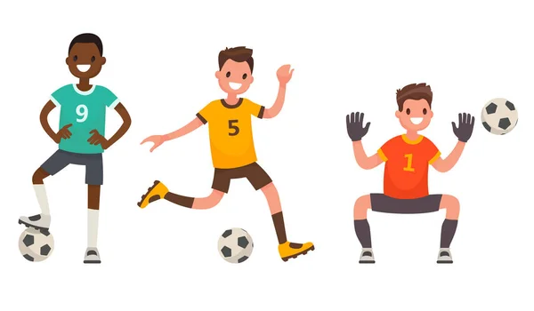 Conjunto de personagens de jogador de futebol. Ilustração vetorial em fla — Vetor de Stock