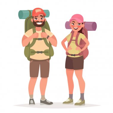 Turist çift hiking. Erkek ve kadın büyük sırt çantaları ile