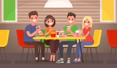 Şirket gençlerin fast food café'de yiyor. Vektör Il