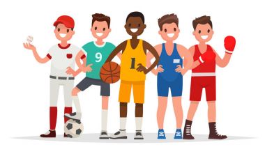 Summer sports. Set of players in baseball, basketball, soccer, G clipart