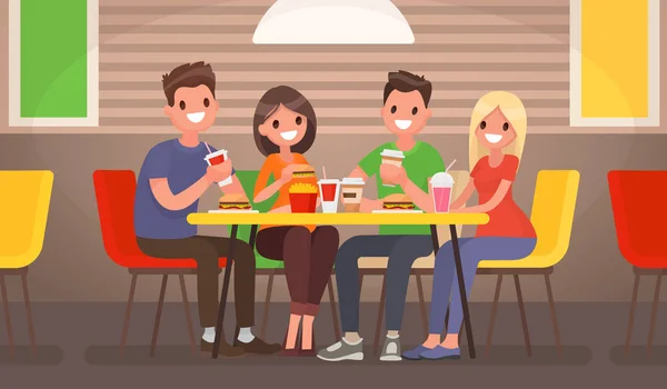 Eine Gruppe junger Leute isst in einem Fast-Food-Café. Vektor il — Stockvektor