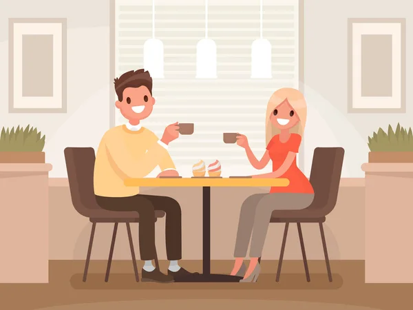 Szerető pár iszik kávét a kávézóban. Egy férfi és egy nő ar — Stock Vector