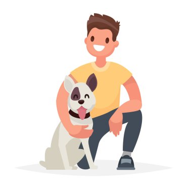 Köpekli adam. Yüceliğini bir arkadaşım için bakım. Vektör illust
