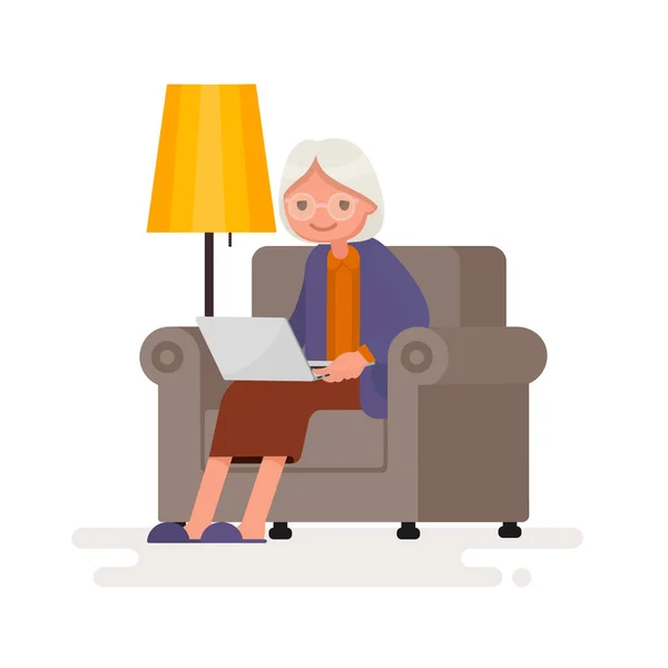 A avó com o computador senta-se em uma poltrona. Ilustre vetor — Vetor de Stock