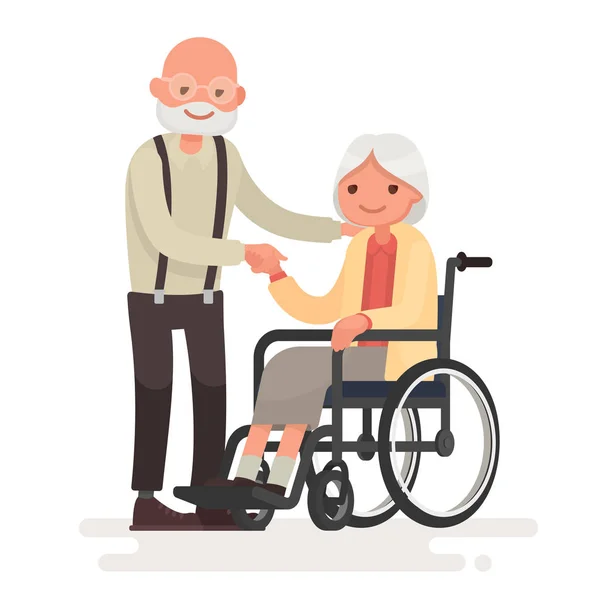 Ζευγάρι ηλικιωμένων. Παππούς κοντά γιαγιά του σε μια wheelcha — Διανυσματικό Αρχείο