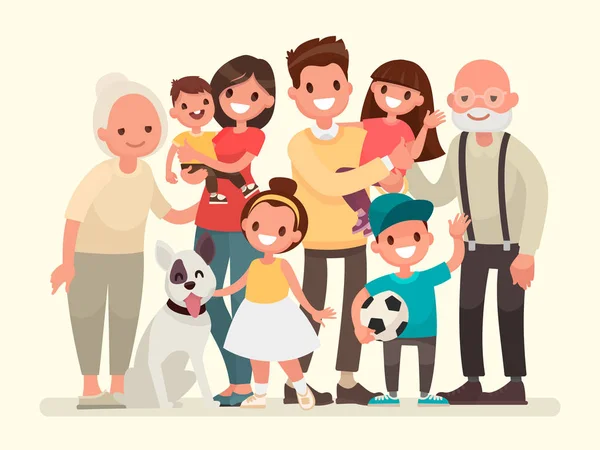 Familia feliz. Padre, madre, abuelo, abuela, hijos — Vector de stock