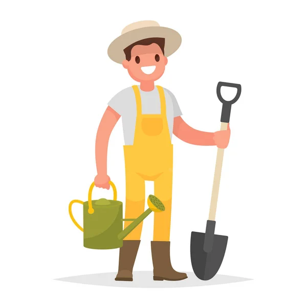 Homem jardineiro feliz com uma pá e regador em um bac branco —  Vetores de Stock