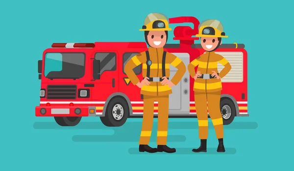 Fire service workers man and woman. Firefighters on the backgrou — Stock Vector